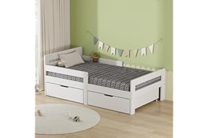 AVC Designs Junior Wooden Bed Toddler Solid Pine Wood Modern Children Kids Junior Bed Frame White With Storage