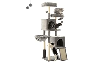 FourFurPets Interior Árbol para Gatos 156cm, Torre de Gatos, con escaleras de sisal, 2 Plataformas, 2 Cuevas, Cesta, Pompón, Gris Claro
