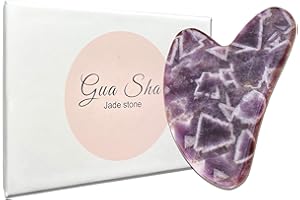 KUNSTIFY Juego de gua Sha de calidad prémium, piedras de jade de cuarzo rosa, rodillo de jade para la cara, piedra de guasha antienvejecimiento, cuidado de la piel (Amatista de corazón)