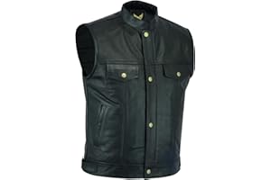 Leatherick Męska kamizelka motocyklowa z prawdziwej skóry z otwartymi guzikami do jazdy konnej i cięcia, styl kamizelki z głębokimi kieszeniami