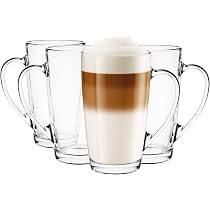 Lot De 4 Verres à Café/Thé Avec Anse KROSNO 400 Ml - Verre Transparent Résistant Chaleur - Idéal Latte, Cappuccino, Boissons Chaudes