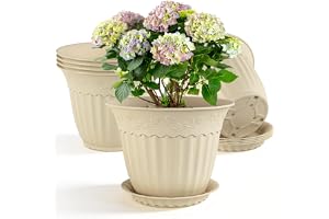 FIASON 6-pack 25 cm växtkrukor, plastplanterare med dräneringshål och fat, dekorativa präglade blomkrukor för inomhus utomhus