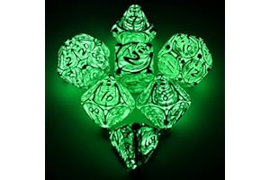 DND Würfel, Metall Spielwürfel Dungeons and Dragons Würfel Set HNCCESG Hohle Schädel D&D Würfel Polyedrische Würfelset für Geschenke MTG RPG DND Dice Set W20 W12 W10 W8 W6 W4 (Schädel-Grün Leuchtende)