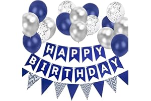 OHugs Birthday Decorations for Men - Blue Happy Birthday Banner with Navy Blue, Silver & Confetti Balloons, Silver Ribbon, Wall Hooks - Boys Birthdays Party Supplies & Decor