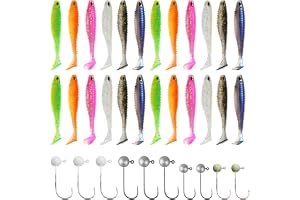 34-delat fiskedrag set inklusive 24 mjuka plastdrag (6 färger) 10 jigghuvuden (2 storlekar 5 lyser i mörkret) fiskbete havsvatten lämplig för olika fiskeäventyr