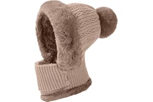 JFAN Gorro de Punto Mujer Cálido Invierno Gorro para Mujer Calentador Cuello Gorro Polar con Forro Pompom Deportes Al Aire Libre