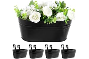 ABSDON 4Pcs Metal Hanging Flower Pots, Iron Hanging Plant Pots Planter Bucket with Detachable Hooks for Railing Fence Balcony Garden Home Decoration (Bright Black)
