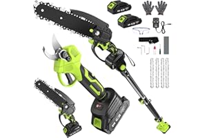 SUKUMO Cordless Pole Pruning Shears & Chain Saw Set, 6.4Ft Extension Pole 2*4.0 mAh Battery Rechargeable 550W Pure Copper Motor Handheld Chain Saw Trimmer for High & Low Tree Branch Cutting Trimming Pruning
