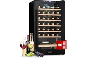 Klarstein Weinkühlschrank, Getränkekühlschrank Schmal, 1 Zone Kühlschrank mit Glastür, Getränkekühlschränke Freistehend, Weinkühlschrank Klein, Weinkühlschränke mit UV-Schutz, 4-18°C, 36 Flaschen