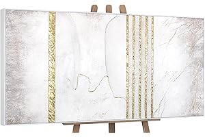 YS-Art Framed acrylic painting on canvas Golden marble Hand-painted artwork in white gold color Textured wall art for interior home 48x24 inches