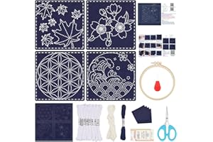 FREEBLOSS Set de 4 Sous-Verres Sashiko - Kit de Broderie Feuille d'Érable Avec Gabarit pour Débutant - Couture
