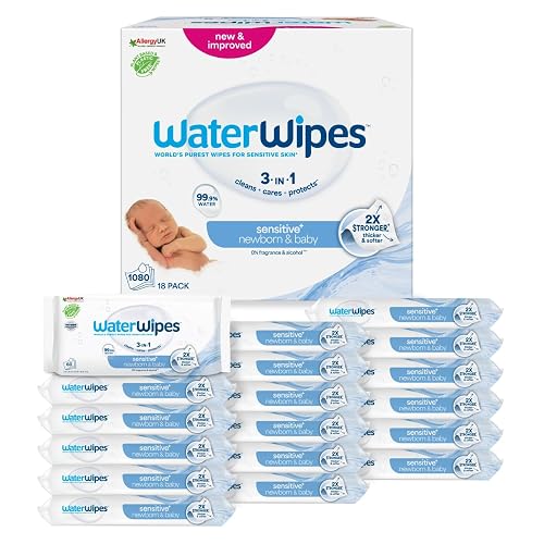 WaterWipes Sensitive+ Newborn & Baby Wipes, 1080 Count (18 Packs), 3-In-1 Cleans, Cares, Protects, 99.9% Water, Unscented