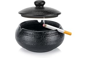 Collazoey Popielniczka, popielniczka do użytku na zewnątrz, ceramiczna z pokrywką, czarna ceramika retro, nadaje się do domu, biura, na biurko, taras, balkon na zewnątrz