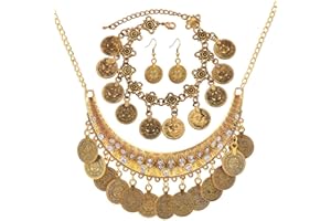 VJUYSW 3 Wahrsagerin Schmuck Set, Indisch, Zigeuner Kostüm Accessoires, Gold Vintage Münze Schmuck für Piraten, Bauchtanz Dress Up, Boho-Stil Halsketten, Armbänder, Ohrringe für Frauen und Mädchen