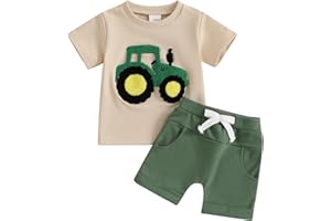 Bufarromio Toddler Baby Boys Summer 2Pcs Outfits Truck Embroidery Short Sleeve T-shirt Elastic Waist Short Pants Clothes Set 3M-3T