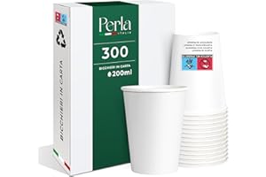 PERLA ITALIA Perla - 300 Bicchieri in Carta da 200ml Ecologici Biodegradabili Monouso - Adatto per Bevande Fredde e Calde - Prodotto e confezionato in Italia - Made in Italy (Bianco)