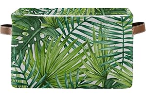 HMZXZ Rxyy Tropical Palm Leaves Canvas Fabric Storage Basket Collapsible Toys Storage Bin with PU Leather Handles Basket Box Organizer for Wardrobe Closet Shelves Organiser