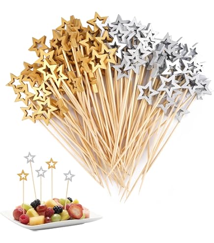 100 Brochettes à Cocktail En Bois étoile Pentacle - Décoration Or/argent Pour Fruits, Cupcakes Et Fêtes