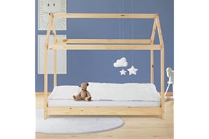 ML DESIGN MODERN LIVING ML-Design Cama Infantil Casa Natural 80x160 cm de Madera de Pino con Techo y Somier Estructura de Listones, Cuna de Suelo Maciza en Forma de Casita, Lecho de Juego Juvenil Mobiliario para Niño y Bebé