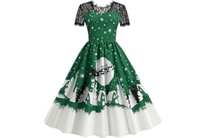 HAOLEI Women Christmas Dresses UK Clearance,Ladies Short Lace Sleeve Santa Print Elf Xmas Dresses,Flared A Line 1950s Swing Dress Christmas Costume for Cocktail Party Size 8-16