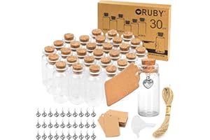Ruby 30pcs 10ml Mini Bottiglie Vetro con Tappo - 22 X 50 mm Barattoli Vetro Piccoli con Tappi Sughero, Kit Vasetti Vetro Piccoli Tappi di Sughero, Ciondolo Metallo, Card, Imbuto, Corda