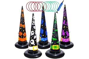 POPTREND Halloween Ring Toss Game Set, 16pcs Inflatable Witch Hat Toss Game with Air Pump, Inflatable Ring Toys Gifts for Kid Family School Party Favor Outdoor Indoor Halloween Toss Game