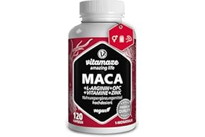 VITAMAZE - AMAZING LIFE Maca Complex 5000mg - Énergie Booster, Circulation, Endurance, avec L-Arginine + Vitamines B6, B12 + OPC + Zinc -120 Vegan Capsules