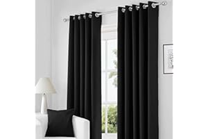 RAYYAN LINEN RayyanLinen Readymade Blackout Thermal Eyelet Ring Top Pair of Curtains Including 2 free Tiebacks (BLACK, Width 46" x Drop 72")
