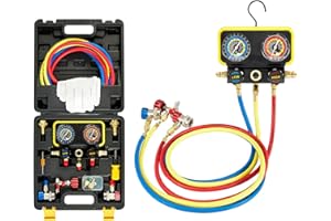 Pindex Manifold Gauge Set für Kältemittel R1234YF R134A R404A, KFZ AC Kältemittel Manometer mit 3x 1,5m Füllschläuche für Auto AC Kältemittelaufladung