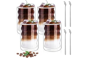 Cinnani 400ml*4 Tazas de Café de Cristal, Vasos de Doble Pared Transparente con 2 Cucharas, Tazas de Vidrio Borosilicato para Café Leche Té Latte Macchiato y Más