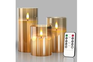 GTTFAE Glass Gold Real Wax LED Candles Flickering with Remote & Timer - Fake Candles Flickering Light, Battery Candles Set of 3, Festival, Room Decor, Home Decor
