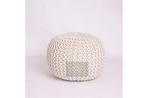 PARADISE STAR Chunky Knitted Round Large 100% Cotton Pouffe Footstool Ottoman Handmade Knitted Pouffe Children Adults Kids Living Room COLOUR CREAM