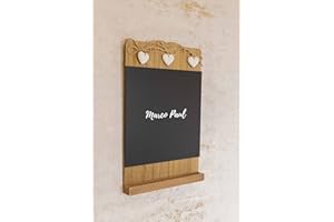 HomeZone Shabby Chic Wooden Memo Board Rustic Kitchen Blackboard Decorative Chalk Board with Wooden Hearts Notice Boards for Menu Calendar Display Home Chalk Boards for Children