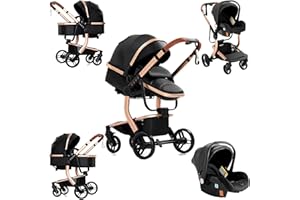 Sianldcone Cuero PU Carrito Bebe 3 en 1, Tejidos de Primera Calidad Carro Bebe 3 Piezas, Empuje Bidireccional Carros Para Bebes, Visión Abierta Silla Paseo Reversible (518 Black)