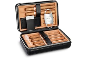 LEACHOI Leder Zigarren Reise Humidor, Zigarrentasche mit Feuerzeug und zigarrenschneider, Zigarren Zubehör Set, Zigarren Geschenkset, Hält bis zu 6 Zigarren