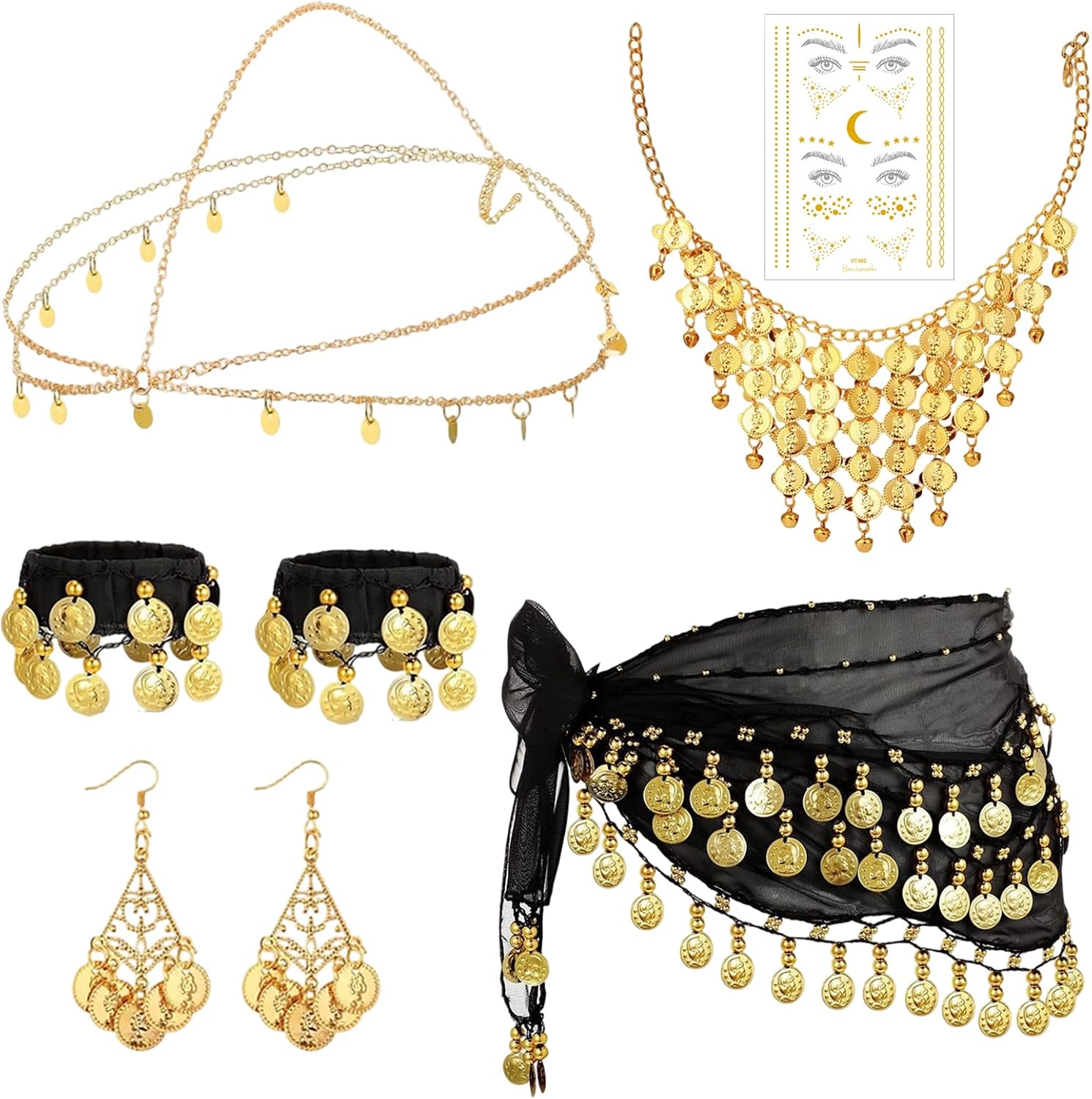 MLPKOI 8 Sets Cinturón de Danza del Vientre, Pañuelo Danza del Vientre Mujer, Pañuelo de Cadera para Espectáculo y Fiesta, con Monedas De Oro Pendientes Collar Pulseras y tocados, Carnaval Disfraces