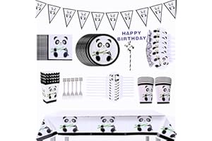 WUUDI 121 sztuk pandy dekoracja na imprezę dla dzieci, zestaw naczyń jednorazowych, pandy, talerze, kubki, serwetki, słomki, panda, baner, obrus, popcorn, pudełka, topper, smok, dekoracja na baby shower