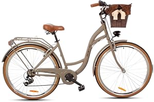 ‎GOETZE Goetze Mood 28 Inch Women's City Bike, 18 Inch Frame, 7-Speed Derailleur Gears, Front & Rear V Brakes, LED Lighting, Pannier Rack, Comfort Saddle, Mudguards, Rattan Basket with Fabric Insert