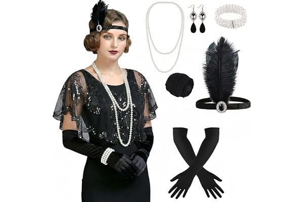 ELECLAND 10 delar 1920-tals klaff Great Gatsby tillbehörsset mode rytande 20-tals temaset med pannband huvudbonad långa svarta handskar halsband örhängen för kvinnor