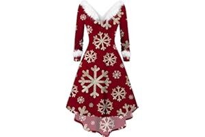 WVONIF Robe Noël Femme Grande Taille Nouveauté Col en V Duveteux Robe Noel Rouge Mignon Imprimé Rose Cocktail Soirée Rockabilly Décontractée au Genou Midi Robes Christmas Dress Déguisement Père Noël Costume