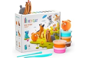 Hey Clay Dog Story 15 Dosen – Bunte lufttrocknende Modelliermasse für Kinder – Air Dry Clay Kit 15 Dosen mit lustiger interaktiver App