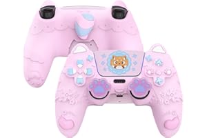 PlayVital Coque Manette pour ps5 Housse Protection Silicone avec Capuchon Joystick & Autocollant pour ps5 Compatible avec Station de Charge,Cover Skin Anti-Grip/Anti-Choc,Rose Coton Bonbon-Petit Panda
