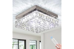 FRIXCHUR Square Crystal Chandelier LED Mini Crystal Ceiling Light with Remote Modern Flush Mount Ceiling Light Fixture for Bedroom Hallway Kitchen (Dimmable)