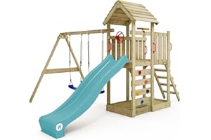‎WICKEY WICKEY Spielturm Klettergerüst MultiFlyer mit Holzdach, Schaukel & Rutsche, Outdoor Kinder Kletterturm mit Sandkasten, Leiter & Spiel-Zubehör für den Garten (Türkis)