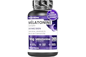 VITASTRONG. Melatonine Vitastrong Complex, 365 Micro-Comprimés de Mélatonine 1mg avec Camomille, Valériane, Lavande et Vitamine B6, Mélatonine Naturel Forte Nuit pour Dormir Rapidement et Profondement et Jet Lag