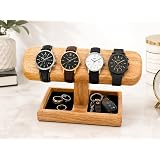 Wooden Watch Stand 4 Watch Holder with Valet Organiser Tray | Holds 4 Watches, 2 Storage Compartments, Soft-Lined Interior, Handcrafted Wood, Multi-Purpose Rack: 