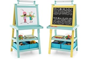 RELAX4LIFE 3 IN 1 Lavagna per Bambini, Cavalletto Pittura a Doppia Faccia, Lavagna Magnetica con Rotolo di Carta, Giocattolo Educativo 3+ Anni (Giallo)