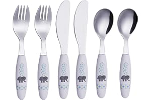 ‎EXZACT EXZACT Kinderbesteck 6 teiliges Edelstahl - Spülmaschinengeeignet -Kinderbesteckset ab 2 Jahre - 2 x Gabeln, 2 x Sicherheitsmesser, 2 x Esslöffel (Elefant x 6)