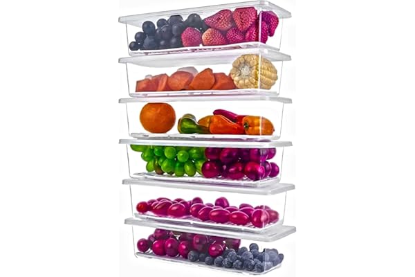 Xiran 6 Fridge Storage Boxes Fridge Organizer With Removable Drain Plate&Lid Stackable Fridge Storage Containers Plastic Free