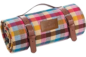 KIKIRIKIT EVERYTHING IN A KIT KIKIRIKIT - Manta Picnic Impermeable, 1,5 x 2 Metros con asa de Cuero PU, repele la Arena y es blandita (Cuadros Multicolor)